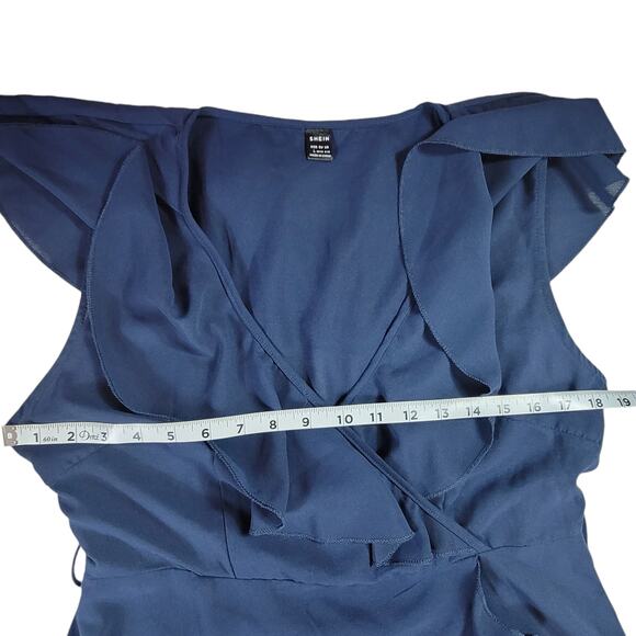 Shein Blue Wrap Around Style Sleeveless Ruffle Dress Women's Size L - Picture 3 of 7